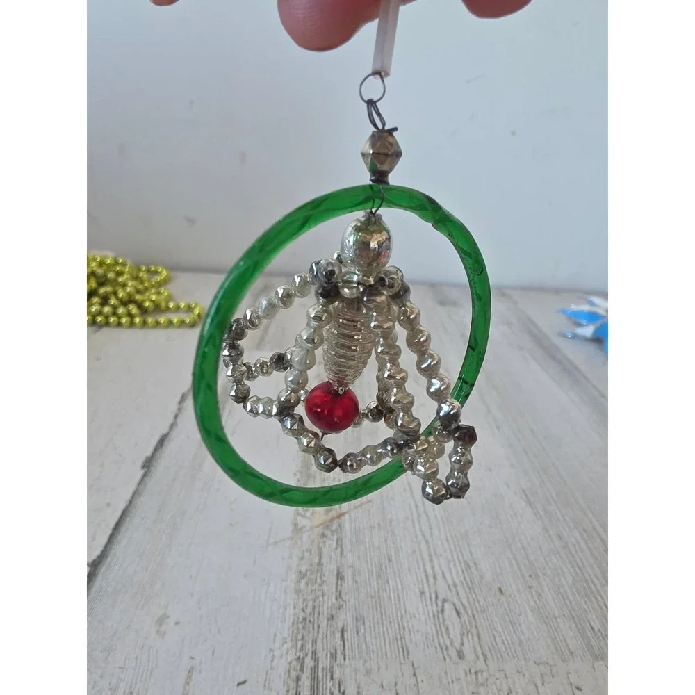 Antique czech beaded glass green silver ornament Xmas tree